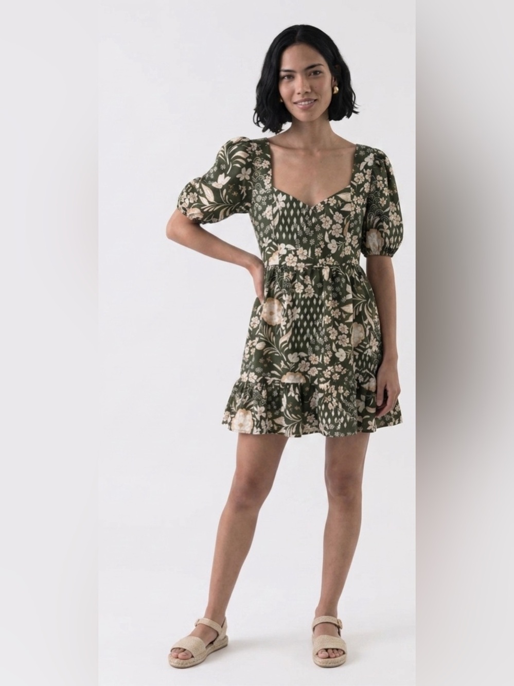 Sugarlips Green Floral Dress with Puff Sleeves size M
